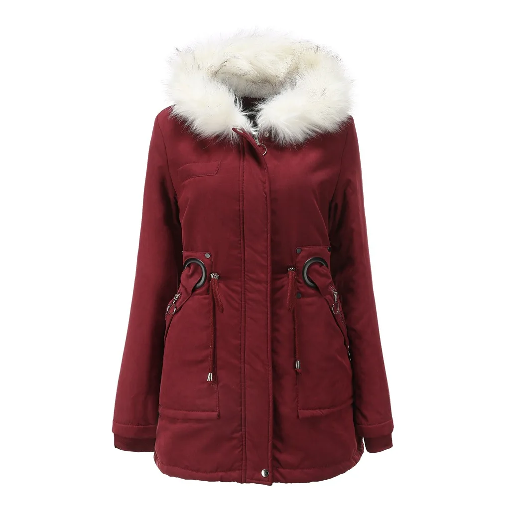 Winter Long Cotton Coat Solid Hooded White Fur Collar Plus Velvet Coat Slim High-quality Women's Cotton Cold-proof Jacket Parkas