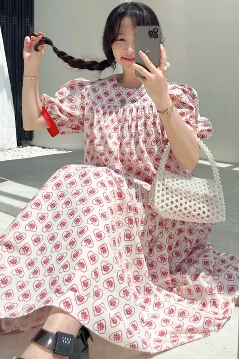 

VANOVICH Fashion Women Dress Korean Style Summer New 2021 Round Neck Cotton Casual Ladies Dress Printing Women Clothing