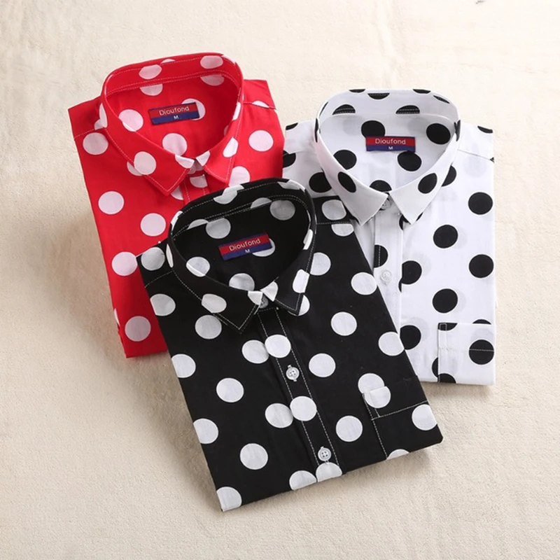 Женская блузка в горошек Dioufond хлопковая мелкий с длинным рукавом цветная рубашка