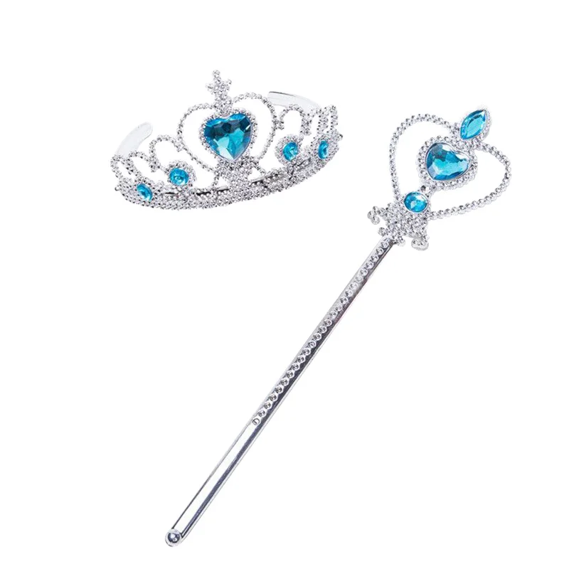 Crown and Stick Платье Эльзы для девочек; накидка со снежинками; летние вечерние костюмы Снежной королевы с блестками; Детский карнавальный костюм на Хэллоуин для девочек - Цвет: Crown and Stick
