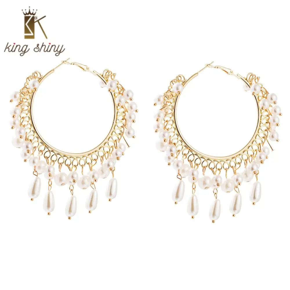 

2020 Za Brand Woman Big Long Pearl Statement Hoop Earring Vintage Large Hanging Simulated Pearl Woman Wedding Party Hoop Earring