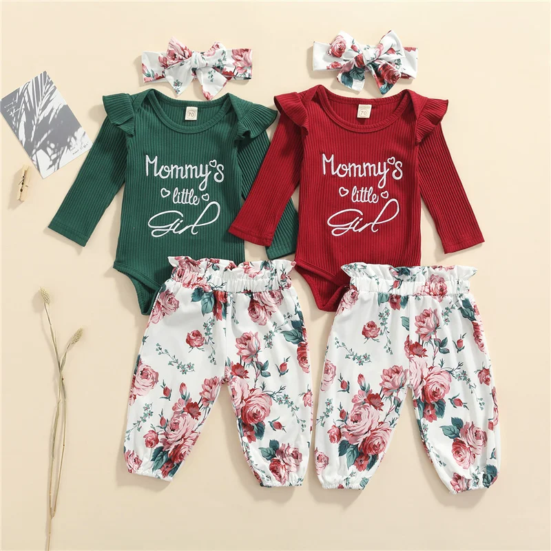 

3 шт., детский хлопковый комбинезон с длинным рукавом, круглым вырезом и цветочным принтом