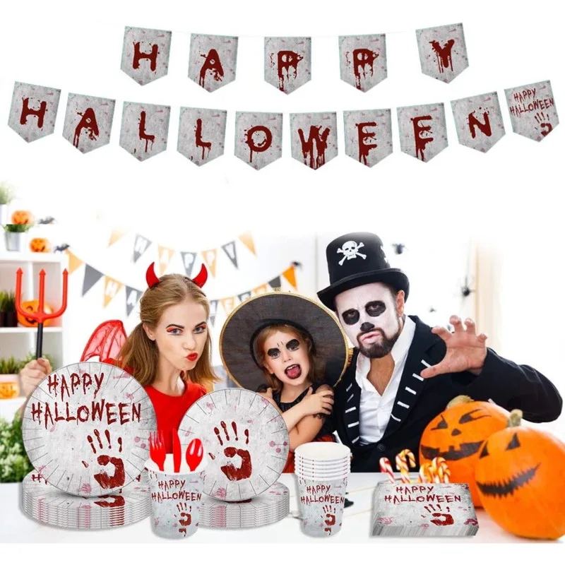 

181PCS Halloween Party Supplies Halloween Disposable Tableware Halloween Party Plates Cups Napkins Tablecloth Balloons