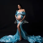 Простое небесно-голубое мягкое шелковое атласное длинное платье для беременных женщин для свадебной фотосъемки элегантное вечернее платье с высоким разрезом