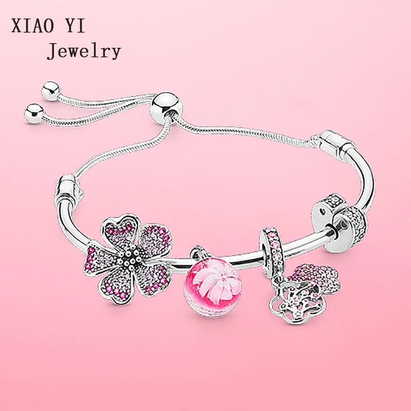 

XIAOYI 2020new 100% S925 Pink romantic big flower coloured glaze peach blossom bracelet high quality valentine's day gift female