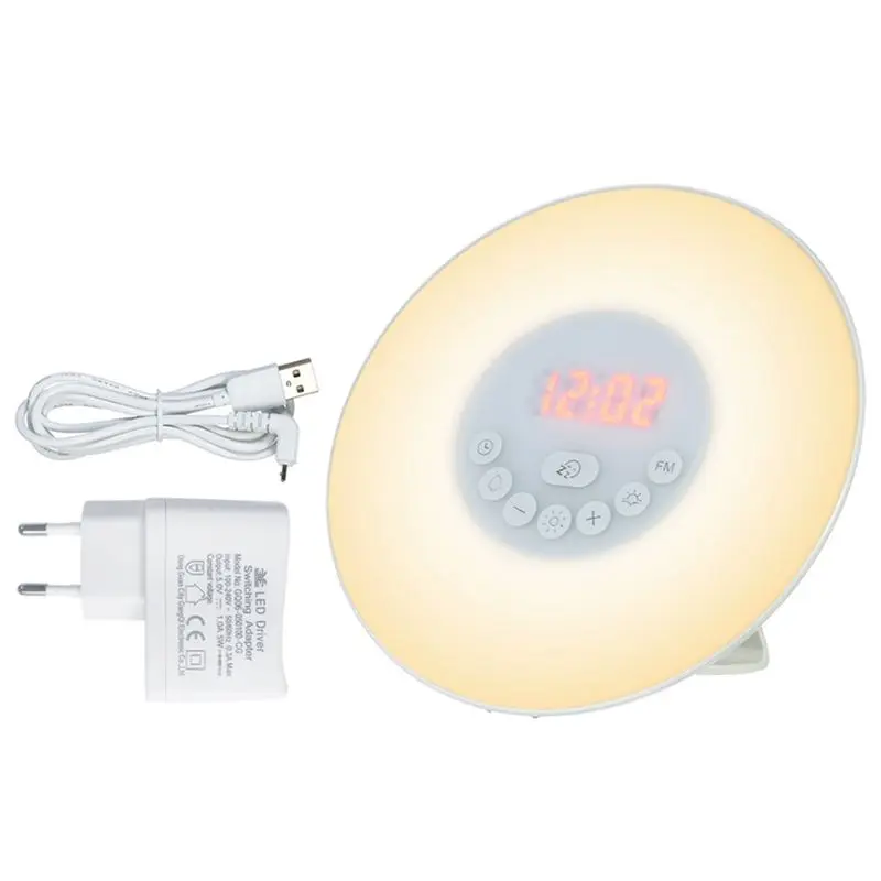 Светильник с будильником и имитация восхода/заката цифровые часы fm радио 7 цветов