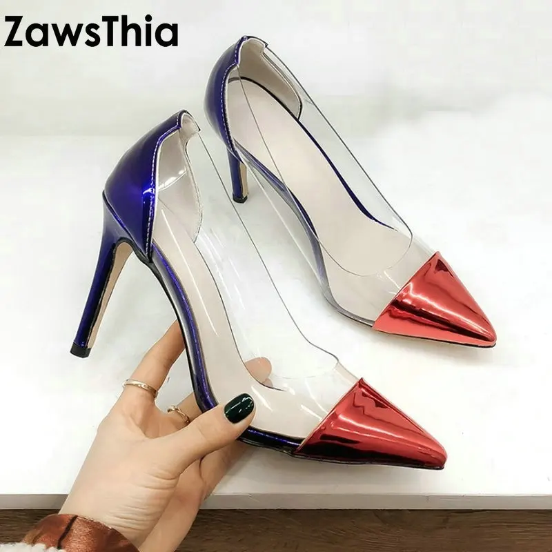 

ZawsThia 2020 лакированные полиуретановые прозрачные ПВХ Туфли-желе пикантные свадебные женские туфли на тонком высоком каблуке офисные туфли-л...