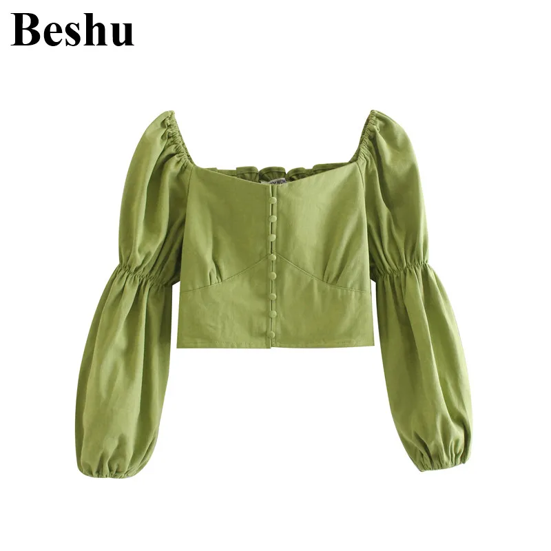 Мода za платье для женщин зеленый укороченный топ квадратный воротник с пышными