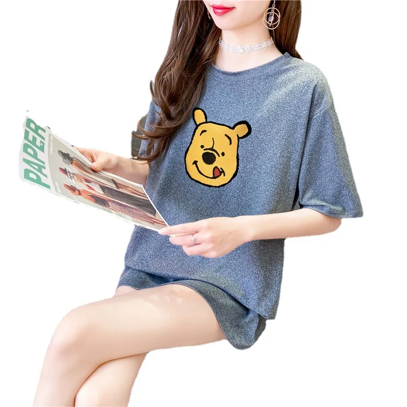 

Women Cute Cartoon Bear Print T-shirt 2021 Summer Fashion Polyester Half Sleeve Long Loose Fit Clothes Large Size Top