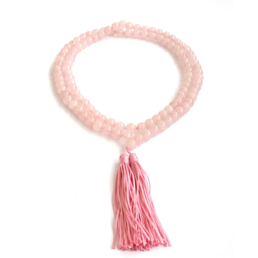 

Female's Natural Pink Quartz 8mm 108 Beaded Prayer Bracelet Double Tassel Necklace Girl's Yoga Meditation Jewelry Gift Wholesale