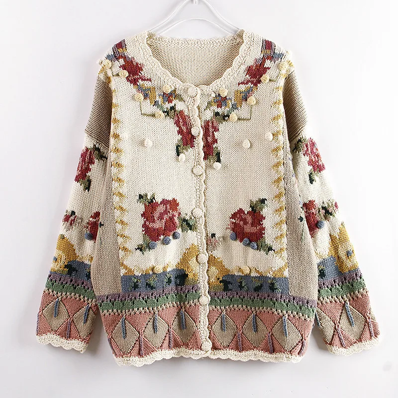 

Women Autumn Fashion Embroidered Flower Sweaters Hand-made Knitted Cardigans Top Elegant Retro Hook Pompom Cute Sweaters Jumpers