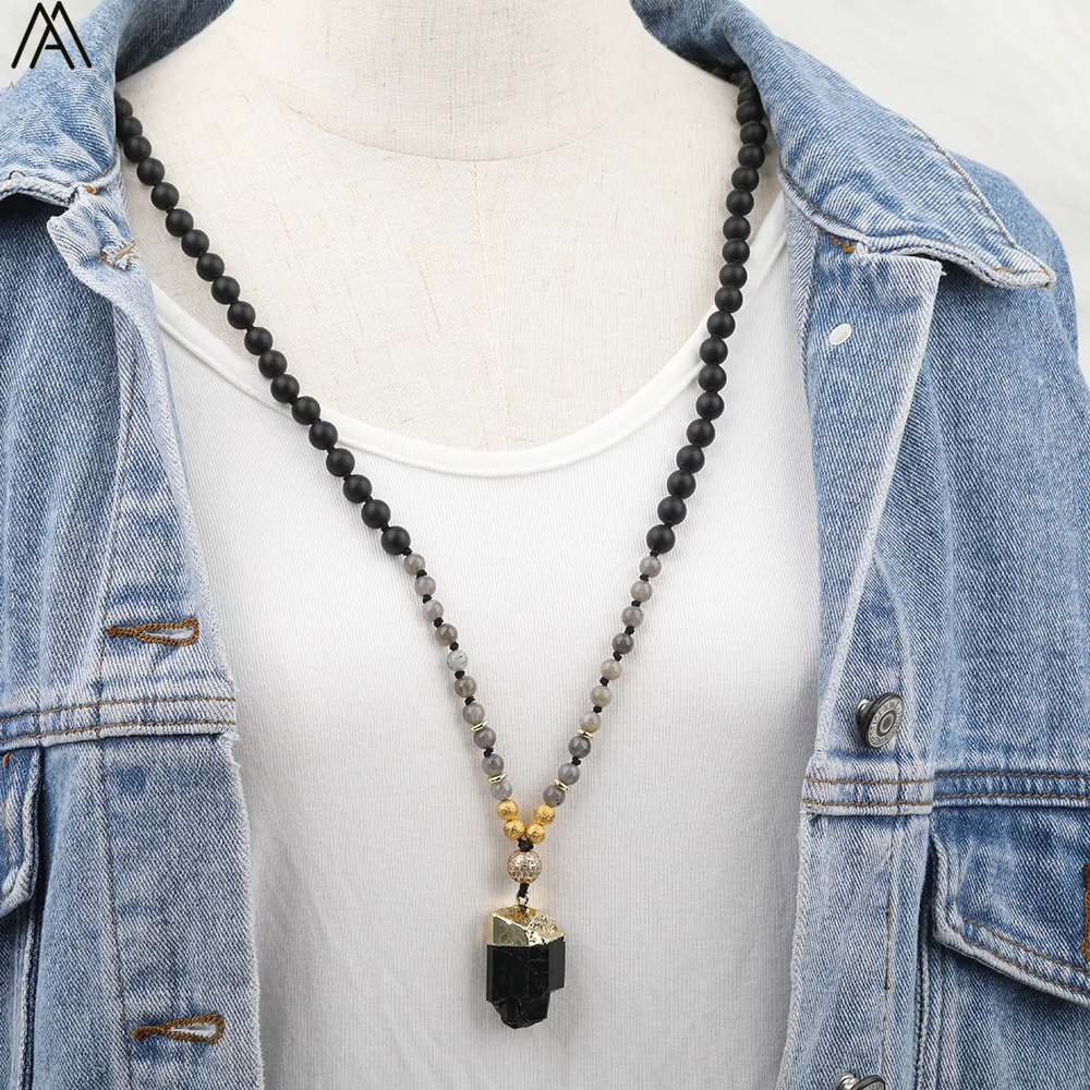 

Natural Black Tourmaline Chunky Beads 8mm Matted Black Agates 108 Mala Beads Knot Handmade Necklace Women Chakra Yoga Jewelry