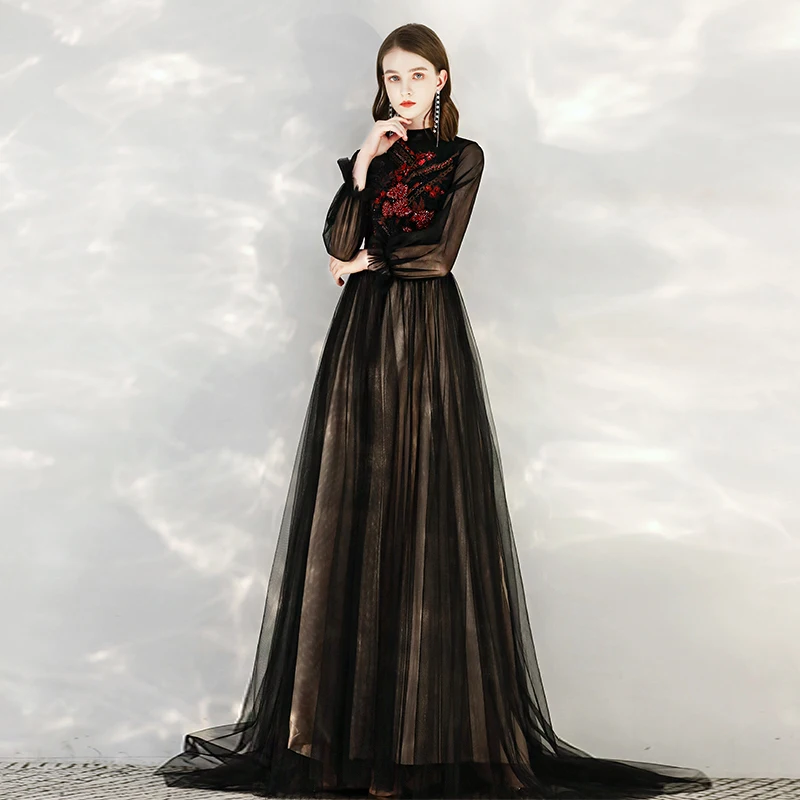 

SSYFashion New Vintage Elegant Black Evening Dress High-neck Long Sleeve Appliques Beading Sweep Train Prom Formal Gowns Custom