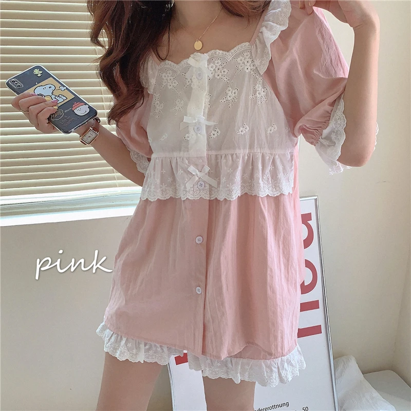 

Cute Cotton Summer Pajamas Set Lace Single Breasted Cardigans Tops Short Sleeve Shirts Shorts 2 Piece Set Sleepwear Blue Y357