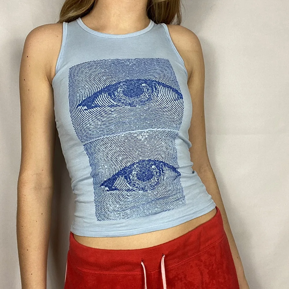 NIBESSER Vintage Eye Print Y2K Harajuku Tops Casual Crewneck Cotton Cute Tank Tops Summer Aesthetic 90s Vest Tee Streetwear