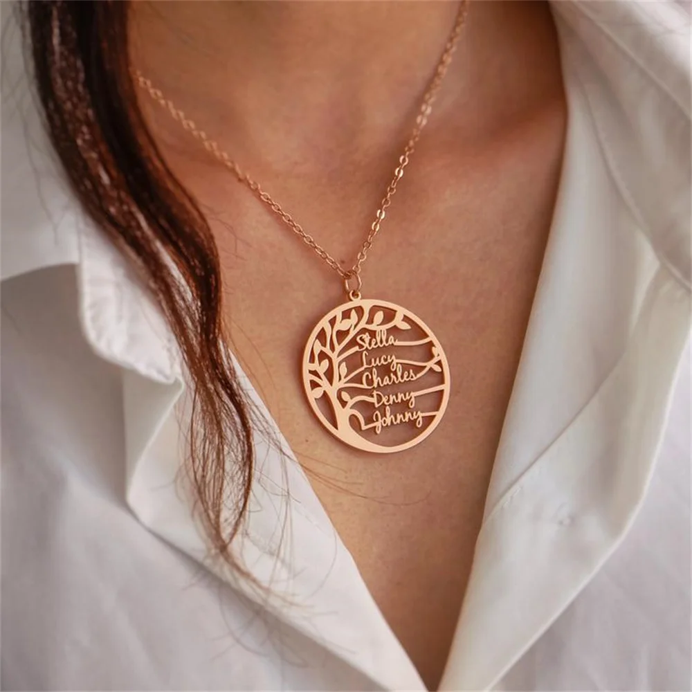 Tangula  Tree of Life Family 2-5 Name Necklace Personalized Stainless Steel Nameplate Ladies Men's Birthday Gift