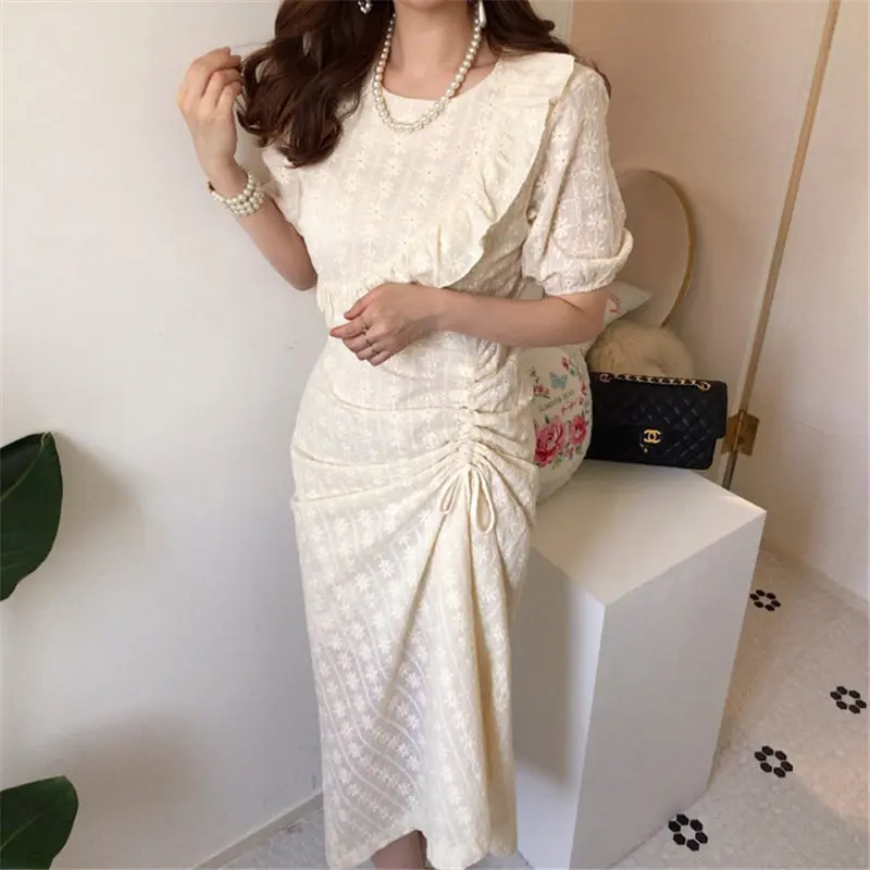

YAMDI Summer new 2020 Ruffles Drawstring Short-Sleeved Slimming Gentle Plus Stylish Office Lady Feminine All-Match Elegant Dress