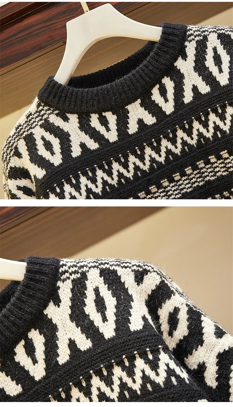 

CBAFU wide legs knit pants sweater set women autumn winter 2 piece set thicken striped warm pullovers large size M-4XL M006