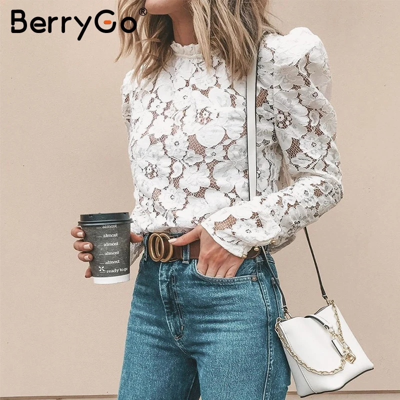 Женская винтажная кружевная блузка BerryGo белая ажурная с вышивкой топы шикарные