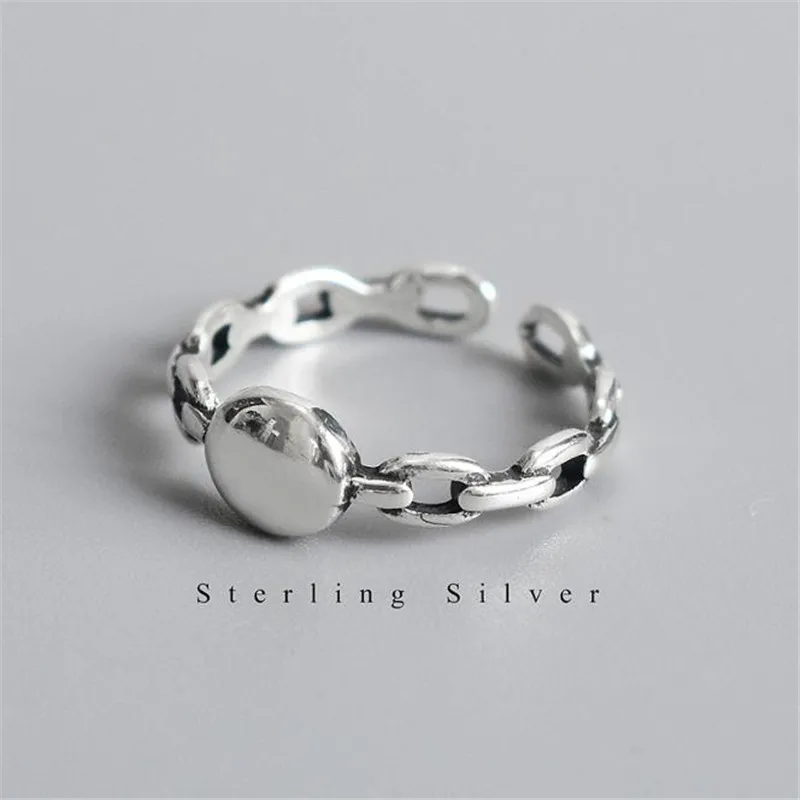 

POFUNUO 925 Sterling Silver Rings Women Vintage Style Distress Round Chain Opening Rings Chic Girls Lovers Fine Jewelry Rings