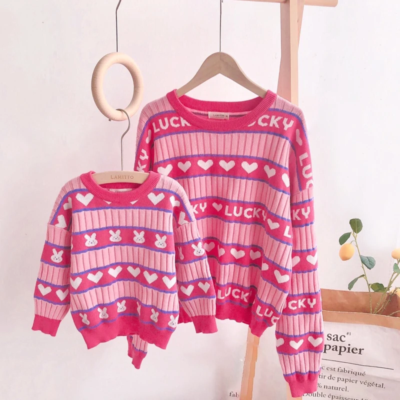 

2021 New Mommy and Me Matching Sweater Autumn Winter Long Sleeve Rabbit Love Stripe Sweater Pullover Top Clothes
