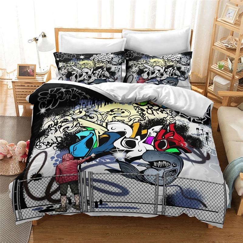 

2/3pcs Duvet Cover Set Hip-hop Graffiti 3D Cartoon Bedding Set Reactive Printing Soft Bedclothes Twin Full Queen King Size