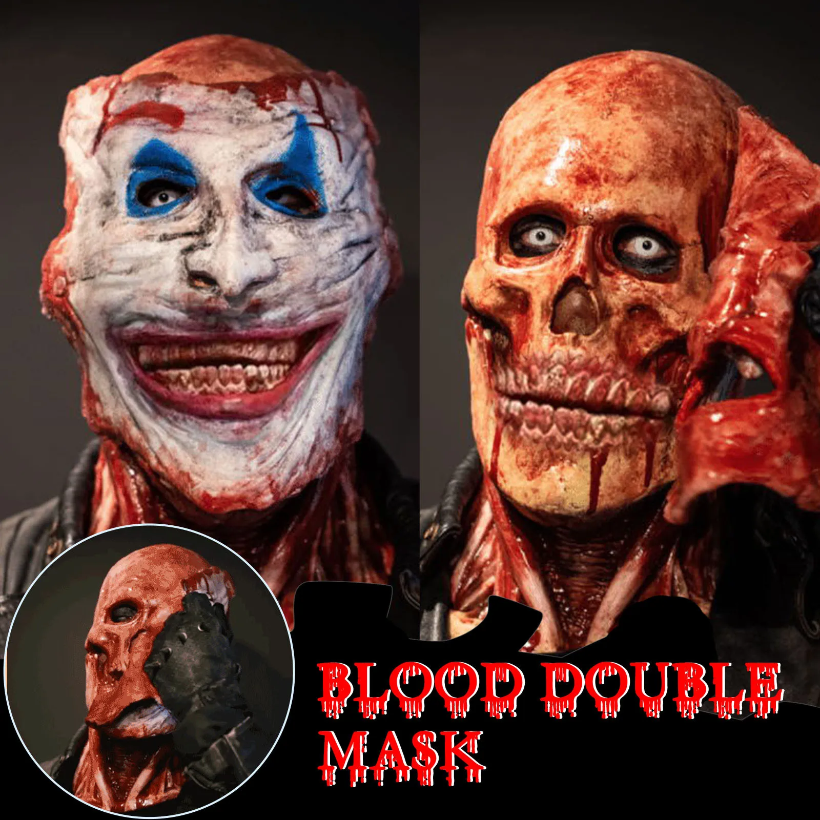 

Halloween Double-faced Bloody Scary Skull Ripped Mask Horror Tear Wound Ghost Latex Mask Joker Clown Fullhead Scary Party Helmet