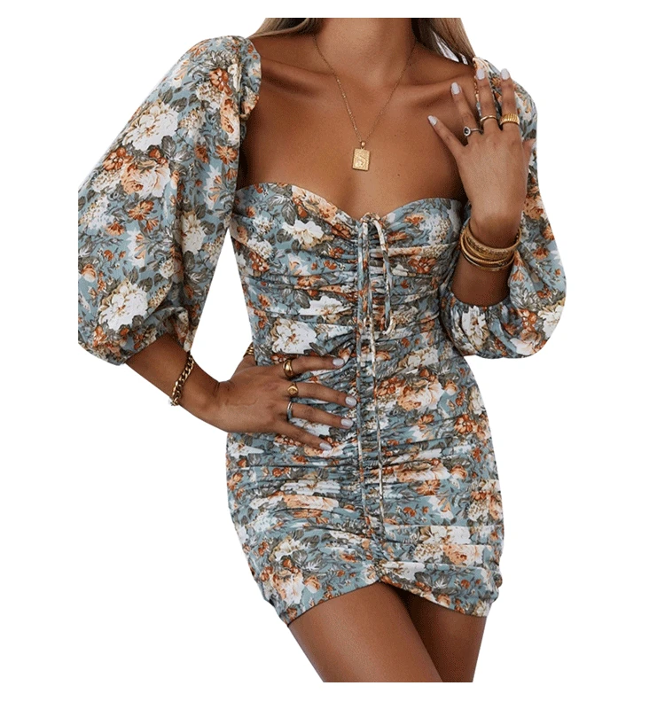 

2021 Summer New Women's Tube Top Sleeve Fashion Print Base Slim Sexy Dress