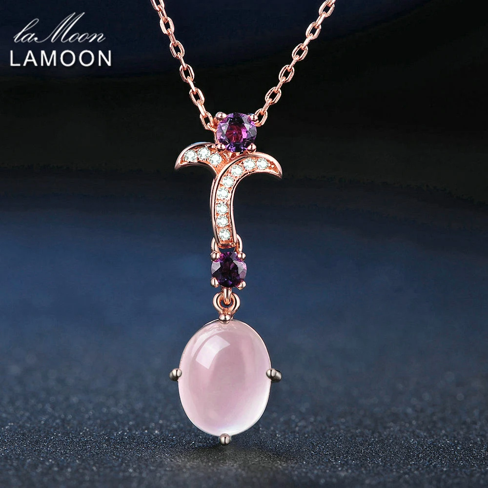 

LAMOON Flower 8X10mm 100% Natural Gemstone Oval Rose Quartz Chain Necklace 925 Sterling Silver Jewelry LMNI013