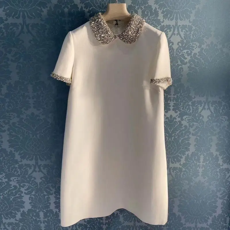 

White Mini Dress 2020 Autumn Short Sleeve Party Clothes Women Luxury Diamond Elegant A-Line Beaded Collar Black