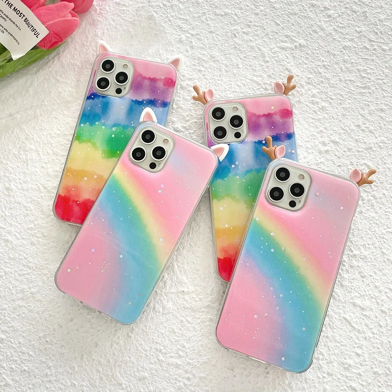 cute cat ear phone case for oppo reno 5 4 k z f f19 f17 f11 pro find x3 x2 neo lite silicone antlers rainbow back cover free global shipping