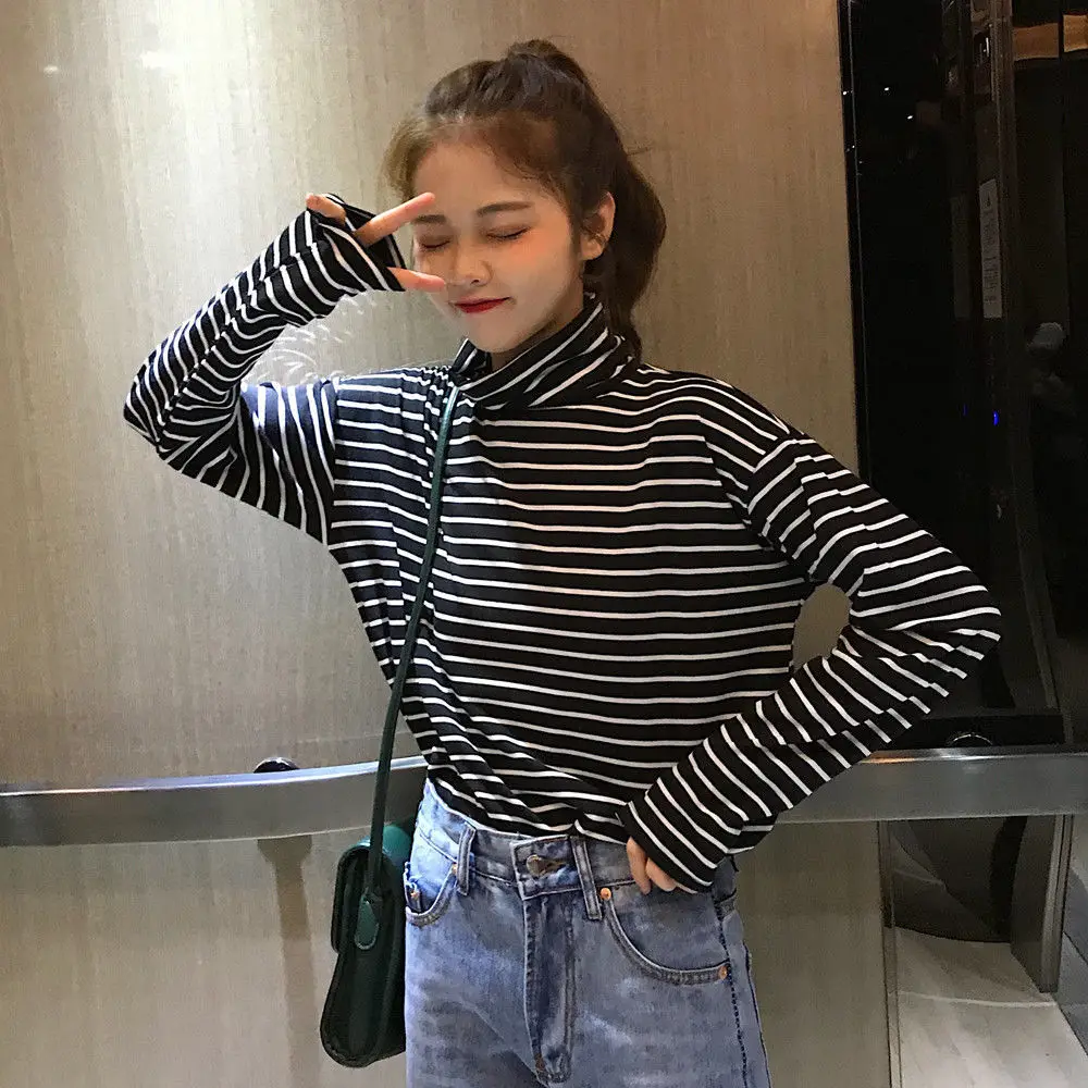 

T-shirts Women Vintage Turtleneck Striped All-match Casual Daily Tshirt for Laides Korean Style Harajuku Slim Bodysuit Elegant