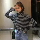 Женская винтажная водолазка, в полоску, универсальная Повседневная футболка для женщин, элегантное облегающее боди в Корейском стиле Харадзюку