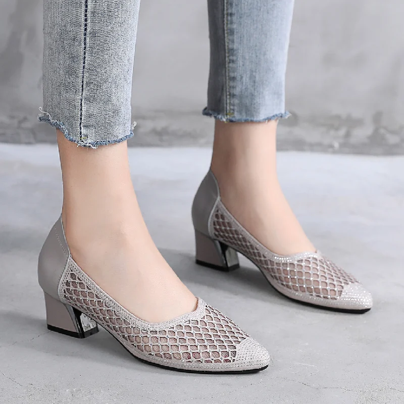 

MUYANG Mesh Sandals Women 2021 New Rhinestone Thick Heel Summer Shoes Woman Fashion Comfortable Sandals Plus Size 33 - 43
