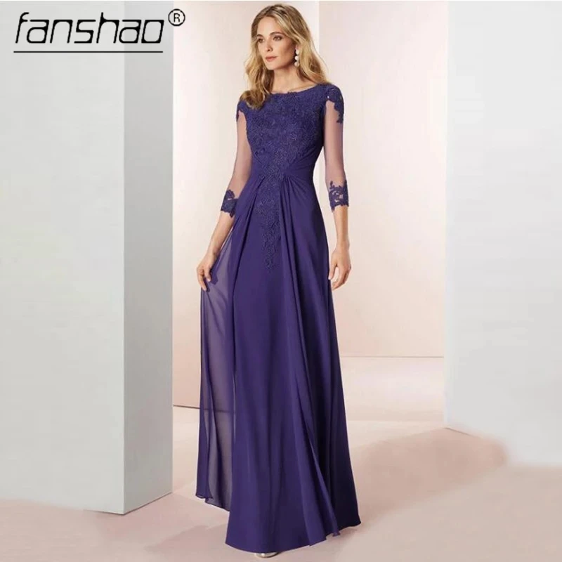 

Fanshao Purple Evening Dresses Appliques 3/4 Sleeve O Neck See Through Special Occasion Gowns Chiffon Lissome