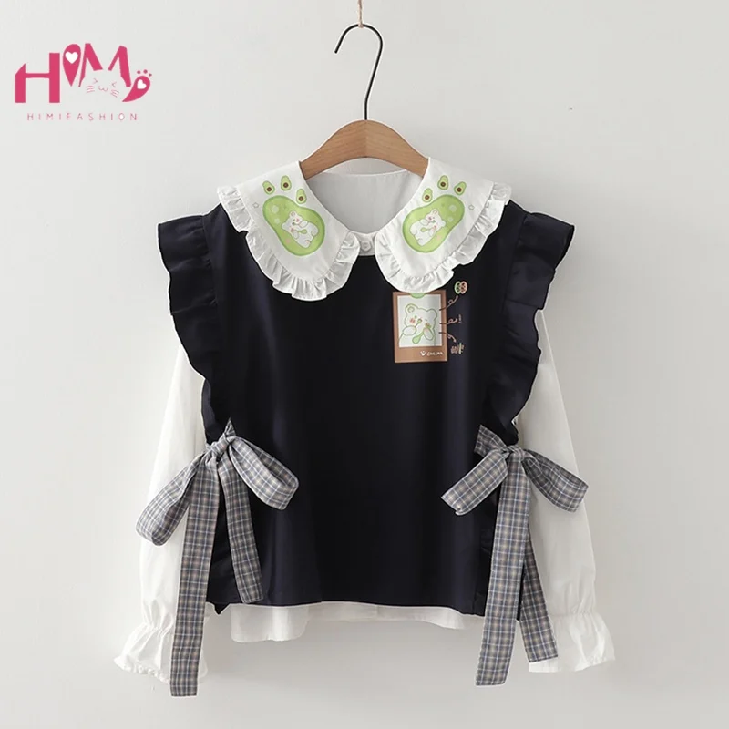 

Autumn Fashion Cute White Shirts Teen Girls Peter Pan Lolita Ruffle Collar Long Sleeve Blouse Women Kawaii Sweet Cotton Tops
