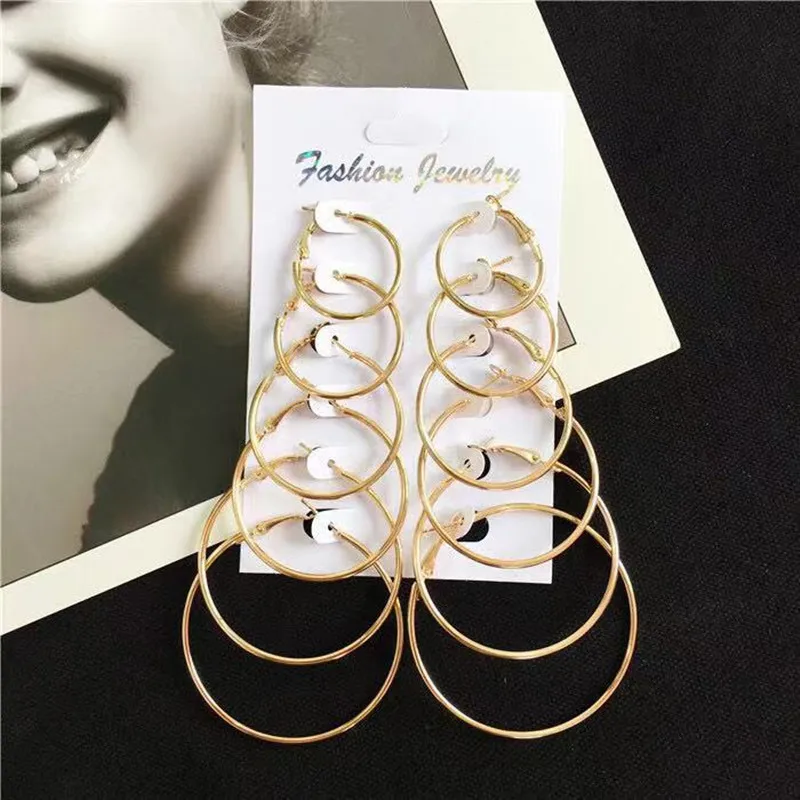 Hot seller geometric earrings for ladies punk-style big round 6 pairs with a earring 2019 fashion feminine accessory | Украшения и