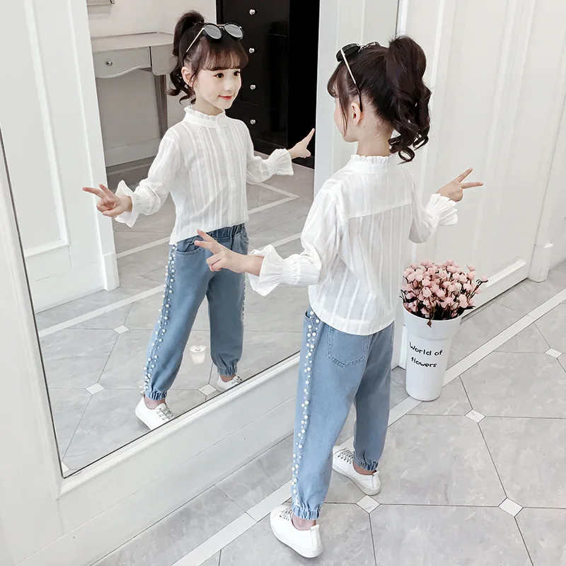 Белая школьная рубашка для девочек с длинным рукавом блузка круглым вырезом топы