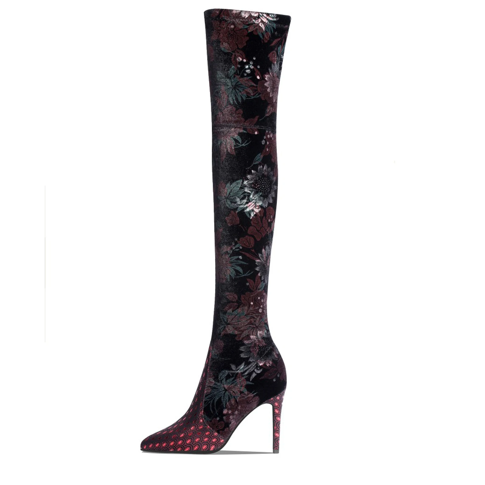 Goedkoop Bloemen Handgemaakte Schapenvacht Wees Teen Over-de-Knie Laarzen Super Hoge Hakken Bloemen Zwart Blauw Schoenen Voor Vrouw Korte 9cm