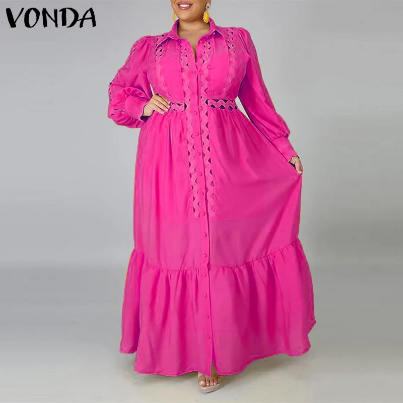 

Autumn Spring Long Dress VONDA Women Hollowed Pleated Ruffled Hem Baggy Vestidos Lapel Collar Button Up Long Sleeve Dresses