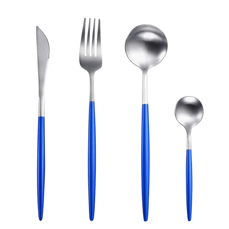 Нож вилка Посуда стальная ложка столовые приборы набор посуды Западная кухня ложка и вилка набор для свадьбы матовое серебро дропшиппинг - Цвет: blue silver