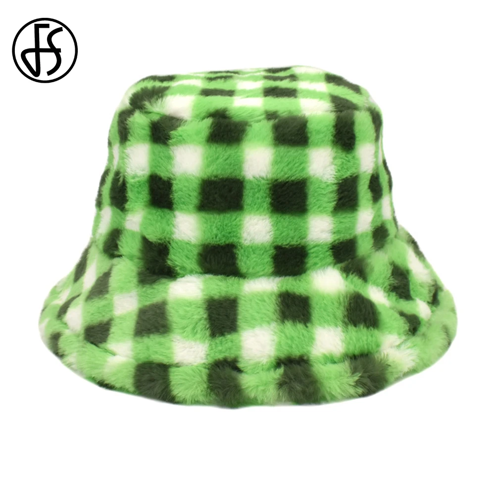 

FS 2021 стильные яркие зимние шапки для мужчин и женщин уличная зеленая розовая клетчатая Панама теплая шапка с кроличьим мехом хип-хоп шапки ...