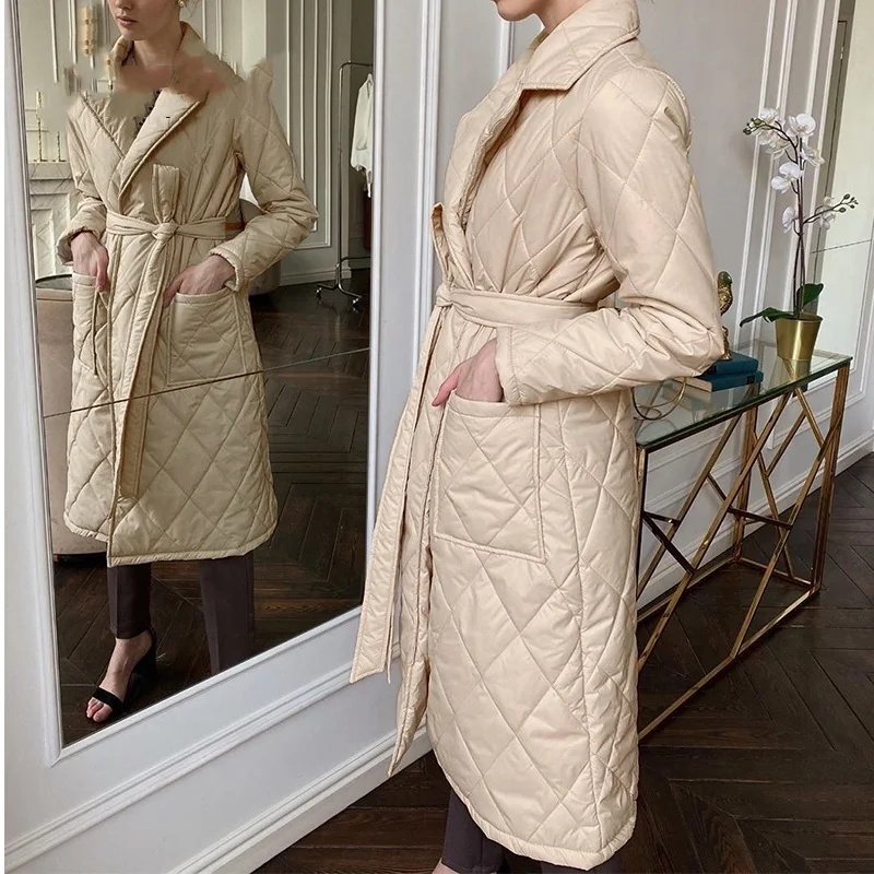 

New Long Straight Winter Coat With Rhombus Pattern Casual Sashes Women Parkas Deep Pockets Tailored Collar Stylish Outerwear