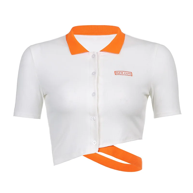 

Contrasting Color Letters Knitted Embroidery Lapel Irregular Short T-shirt Tops 2021 Summer Ins New Style