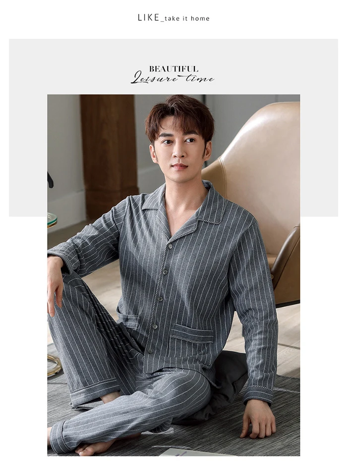 Men Pyjama Set 100% Cotton Spring Long Sleeve Print Men Pajama Suit Autumn Nightwear Collar Pijama Male Sleepwear Two Piece XXXL mens short pjs