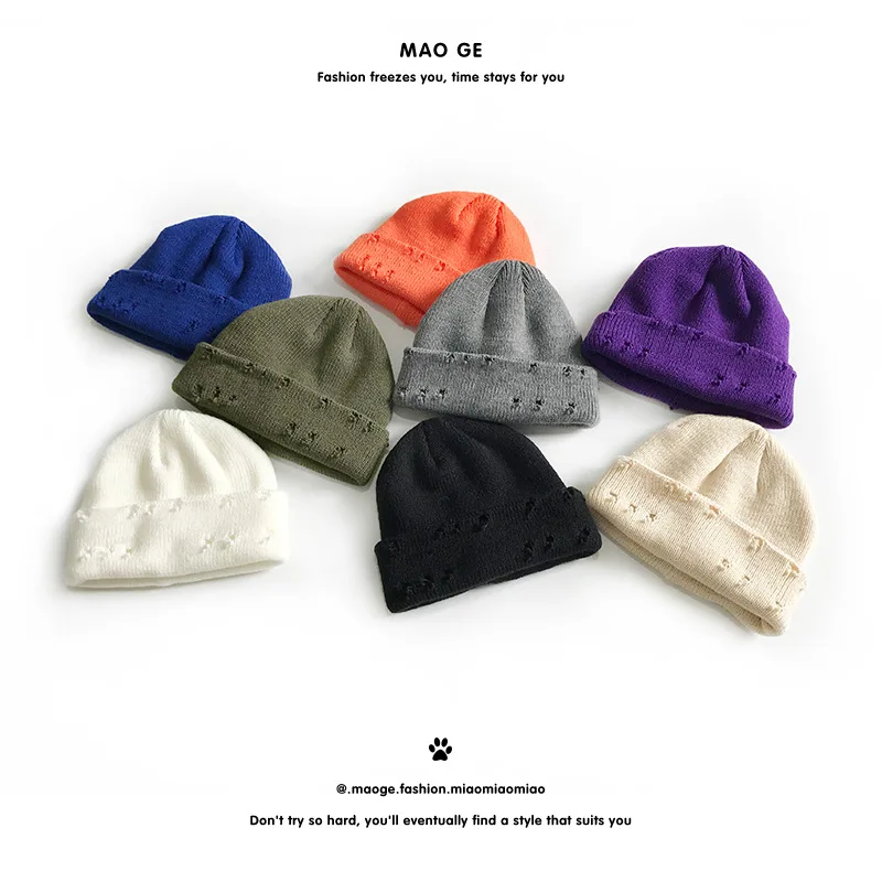 

Autumn Winter Warm Men's Women's Cap Woolen Knitting Holes To Make Old Hedging Caps Riding Solid Color Without Eaves Men's Hat