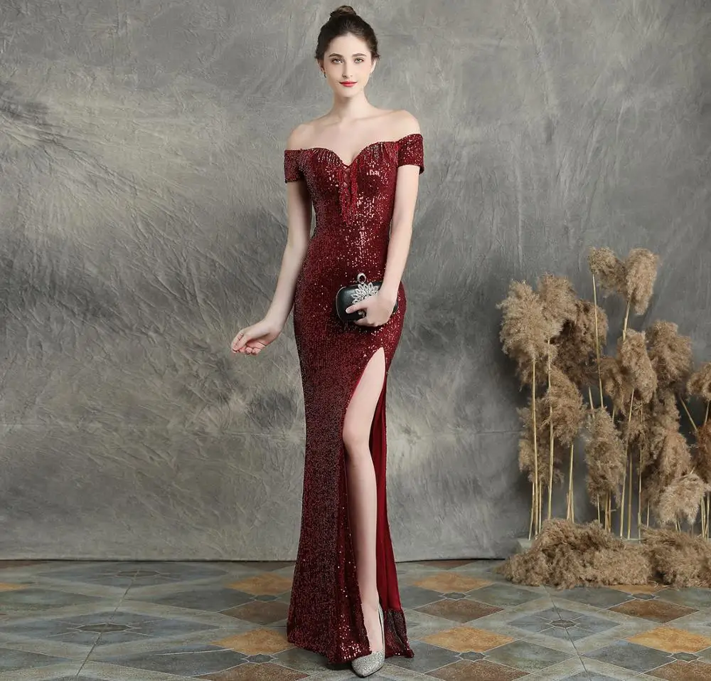 

Luxury Red Sequined Deep V Neck Off-shoulder Short Sleeves Long Mermaid Dress Sexy Women Party Dresses Vintage Evening Clubwear