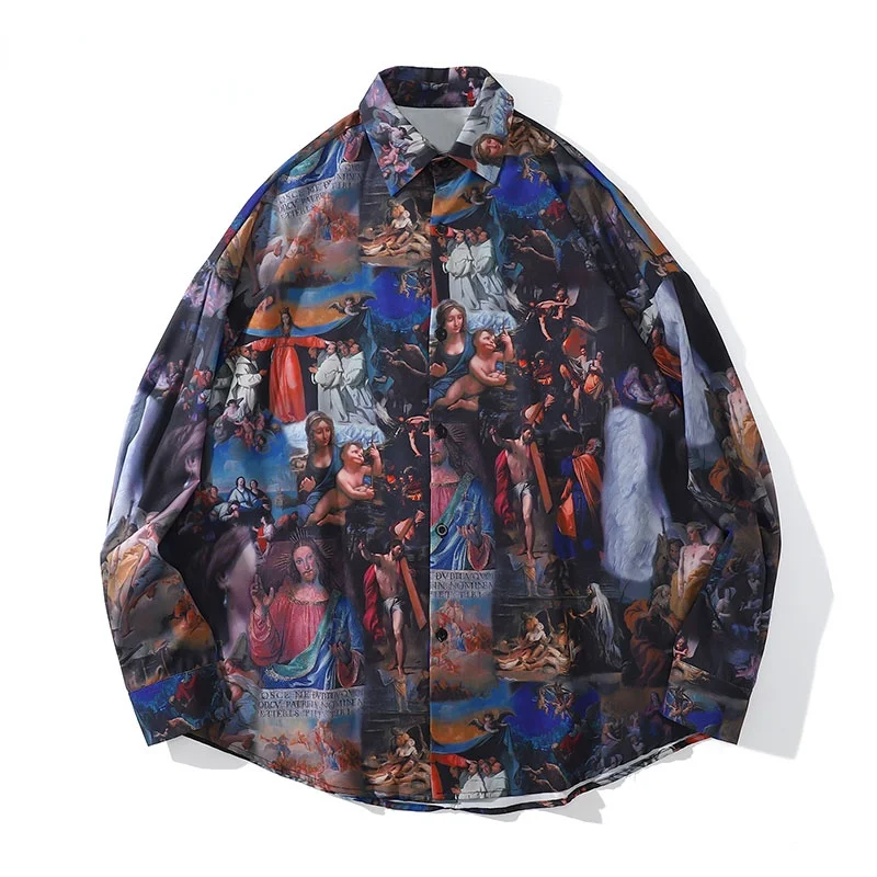 

Shirts Streetwear Hip Hop Vintage Virgin Mary Child Jesus Painting Print Shirt Blouse Harajuku Loose Long Sleeve Tops