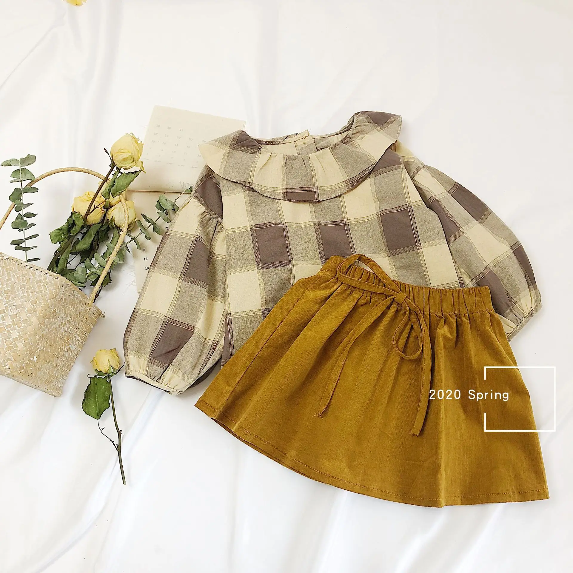 Весенние повседневные комплекты одежды для маленьких девочек Детская клетчатая