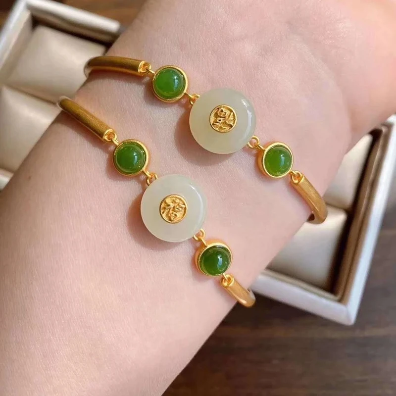 

Newly Inlaid Natural Hetian Chalcedony Gourd Bracelet Chinese Style Retro Unique Ancient Gold Craft Charm Ladies Brand Jewelry